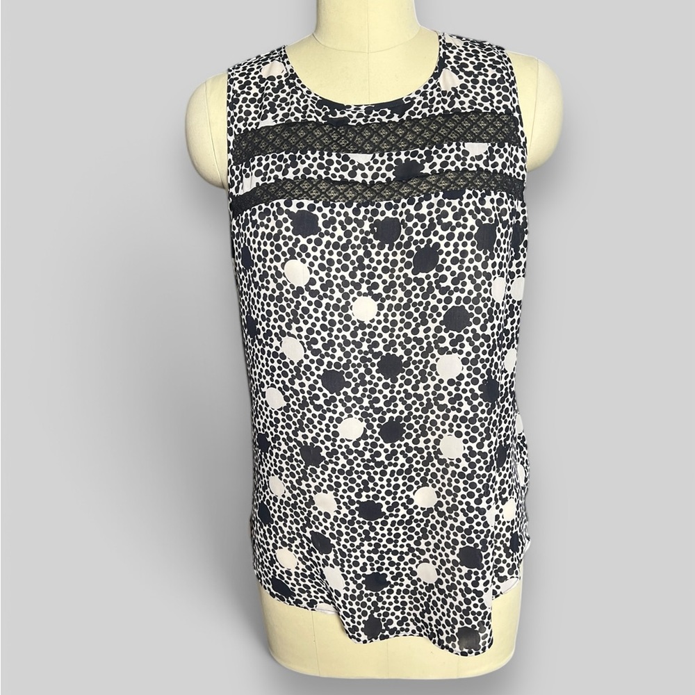 CAbi Jot Sleeveless Lace Polks Dot Black and White Top size M